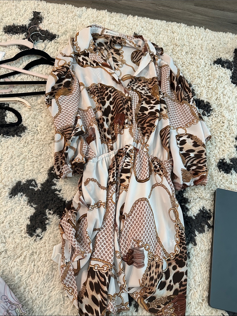 The Impeccable Pig White and Brown Chain & Leopard Print Tie-Waist Mini Dress